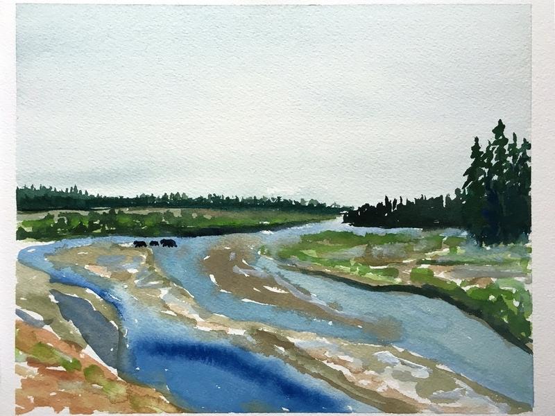399 and Cubs Crossing Pacific Creek, watercolor 184 by Sue Cedarholm