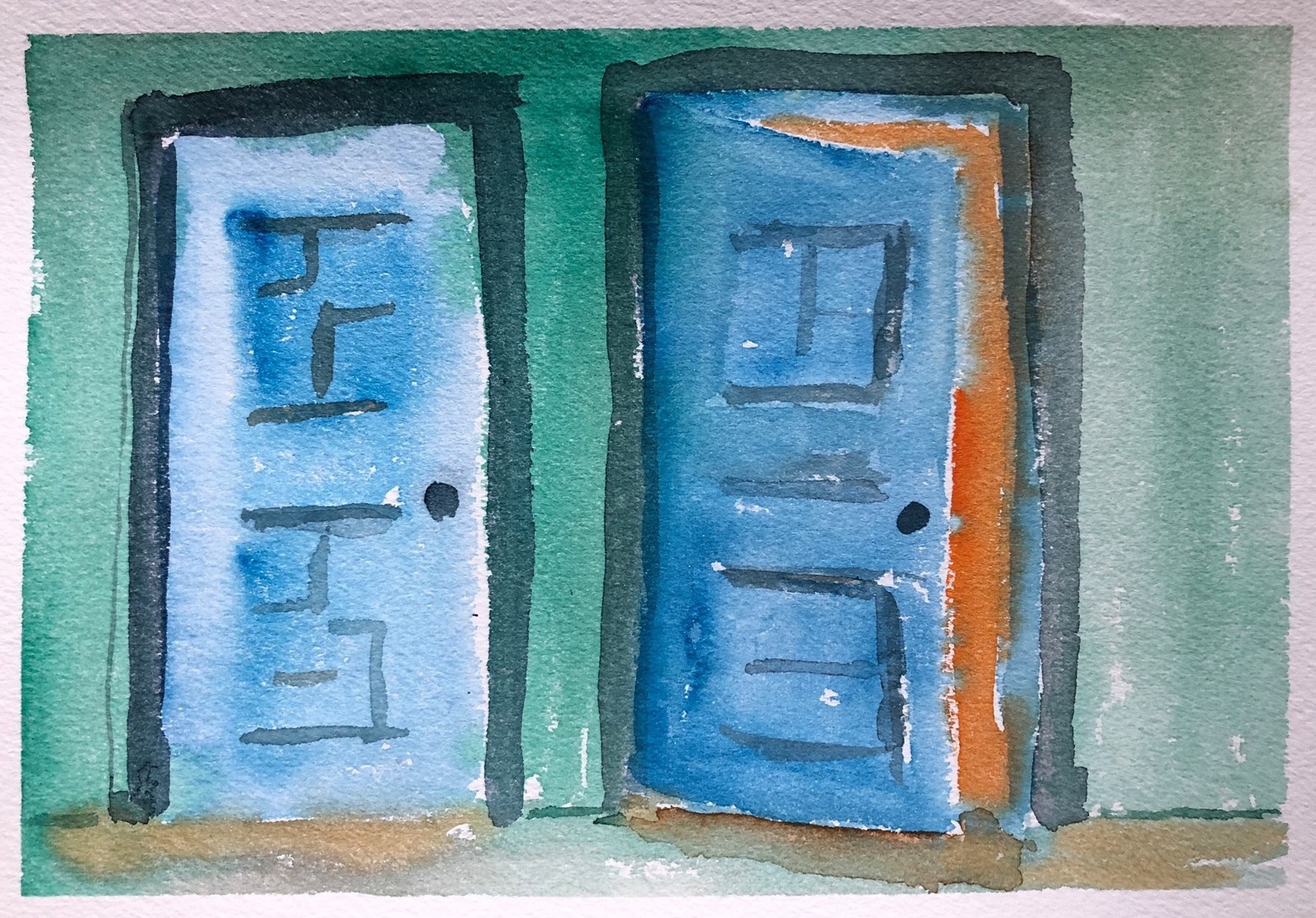 Two Doors—Both Blue Ones, a painting by Sue Cedarholm (www.watercolordiary.com)