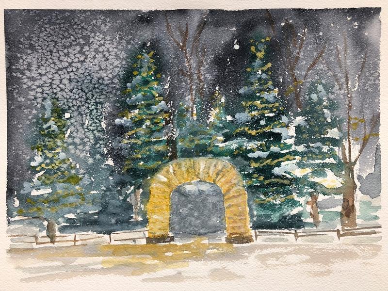 An Elk Antler Arch At Christmas, Jackson, Wyoming, painting by Sue Cedarholm