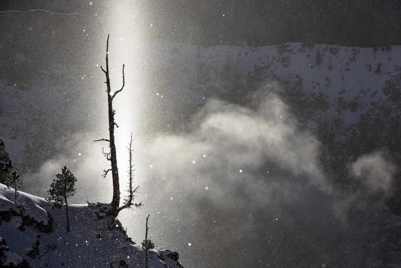 Steven Fuller will be telling the story of his life in Yellowstone through photographs, essays and extended caption.  The image featured here is titled "Sun Pilar" and, in describing why its been a regular muse, he writes, "On a sub-zero cold morning an ephemeral vertical pillar of light appears below the rim of the Canyon at sunrise.  Hexagonal crystals of frost, each  a tiny mirror, float in the still air. The crystals orient themselves horizontally as they float in the still air where they reflect the light of the rising sun back and forth, each amongst the others, creating a crystalline synergistic crowd sourcing that manifests an extraordinary visual phenomena."