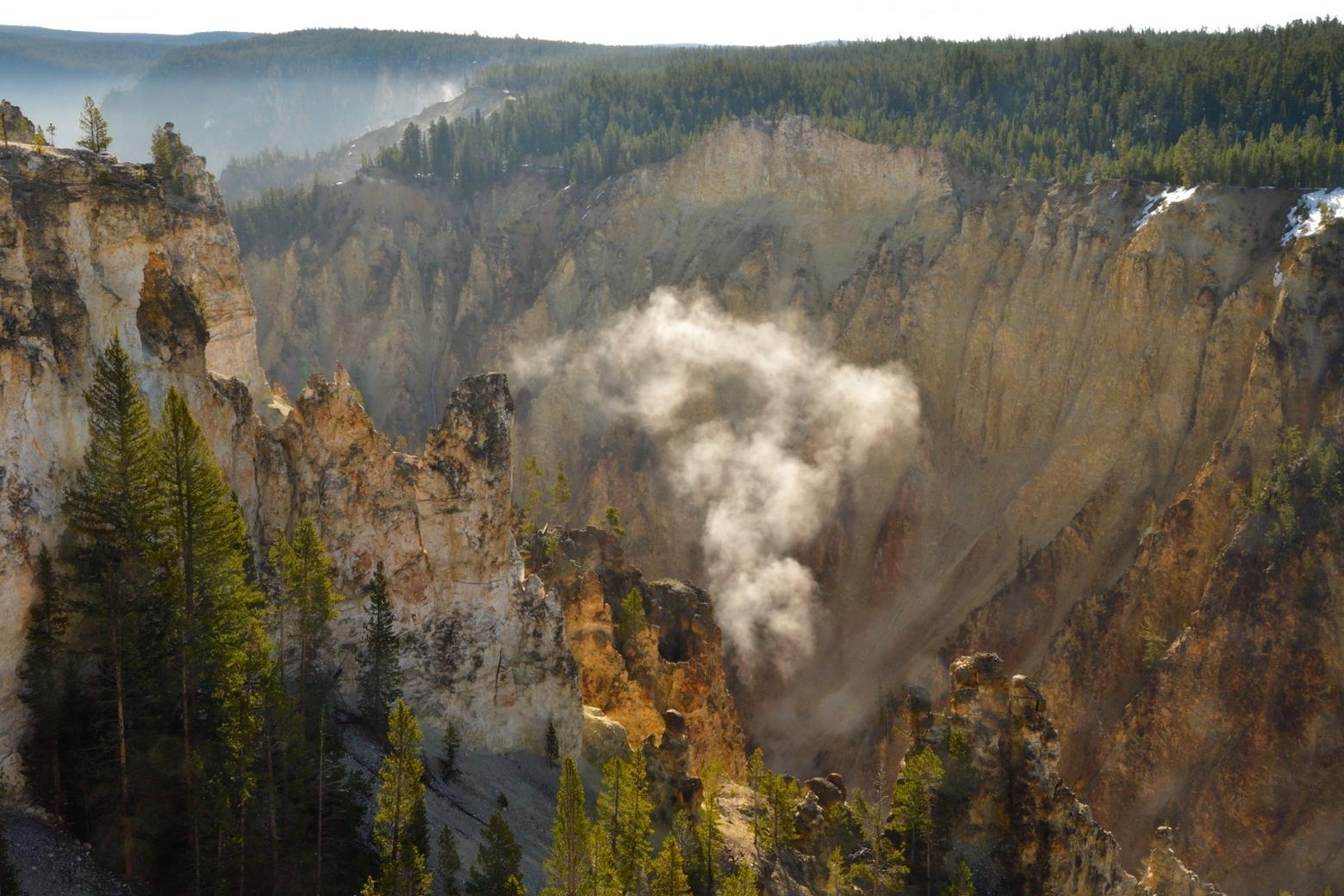 On a recent cool spring morning a plume of steam rises from up out the floor of the Grand Canyon of the Yellowstone River. Photo courtesy Steven Fuller
