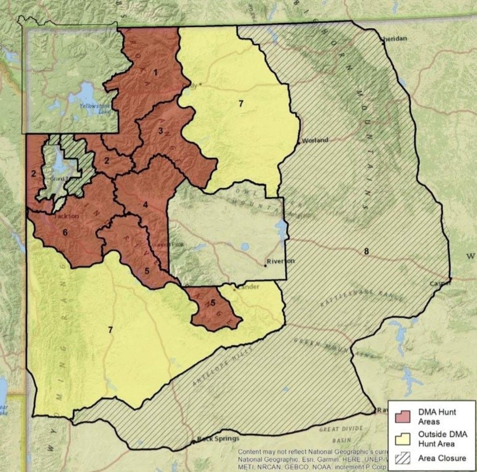 Three of the seven hunt zones reside primarily in federal public lands either adjacent to, or close proximity with, Yellowstone National Park, Grand Teton National Park, the National Elk Refuge and areas around Jackson Hole. Hunt zone in yellow, zone 7, would allow the taking of up to 12 grizzlies of either sex. Map courtesy Wyoming Game and Fish Department.