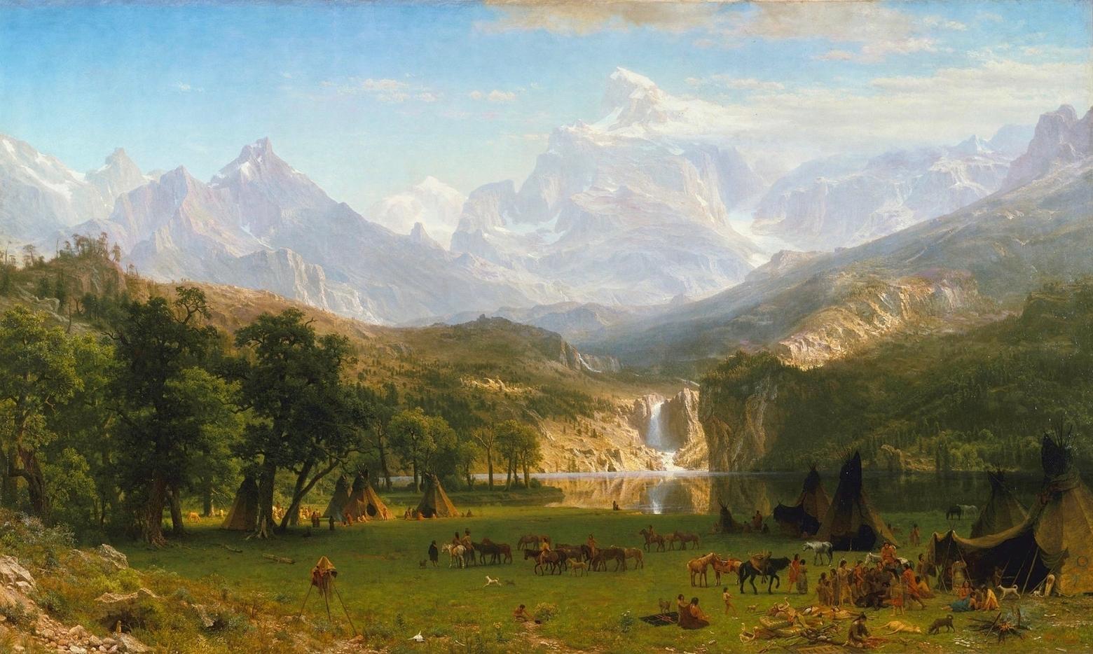"The Rocky Mountains, Lander's Peak" (1863) in Metropolitan Museum of Art, New York City.  This painting, completed while the Civil War was still raging and 27 years before Wyoming gained statehood, conveys the scene of a Shoshone encampment alongside the Wind River Range.