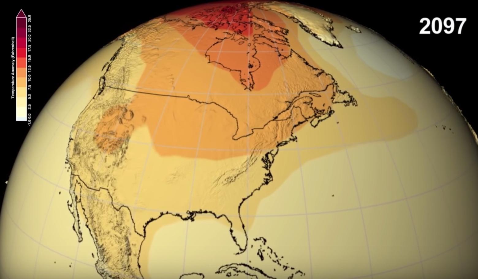 Temperatures are expected to dramatically rise everywhere but the Arctic and midsection of the US, including the Rockies, will experience even hotter conditions.  Image courtesy NASA . Check out videos at end of Olsen's analysis.