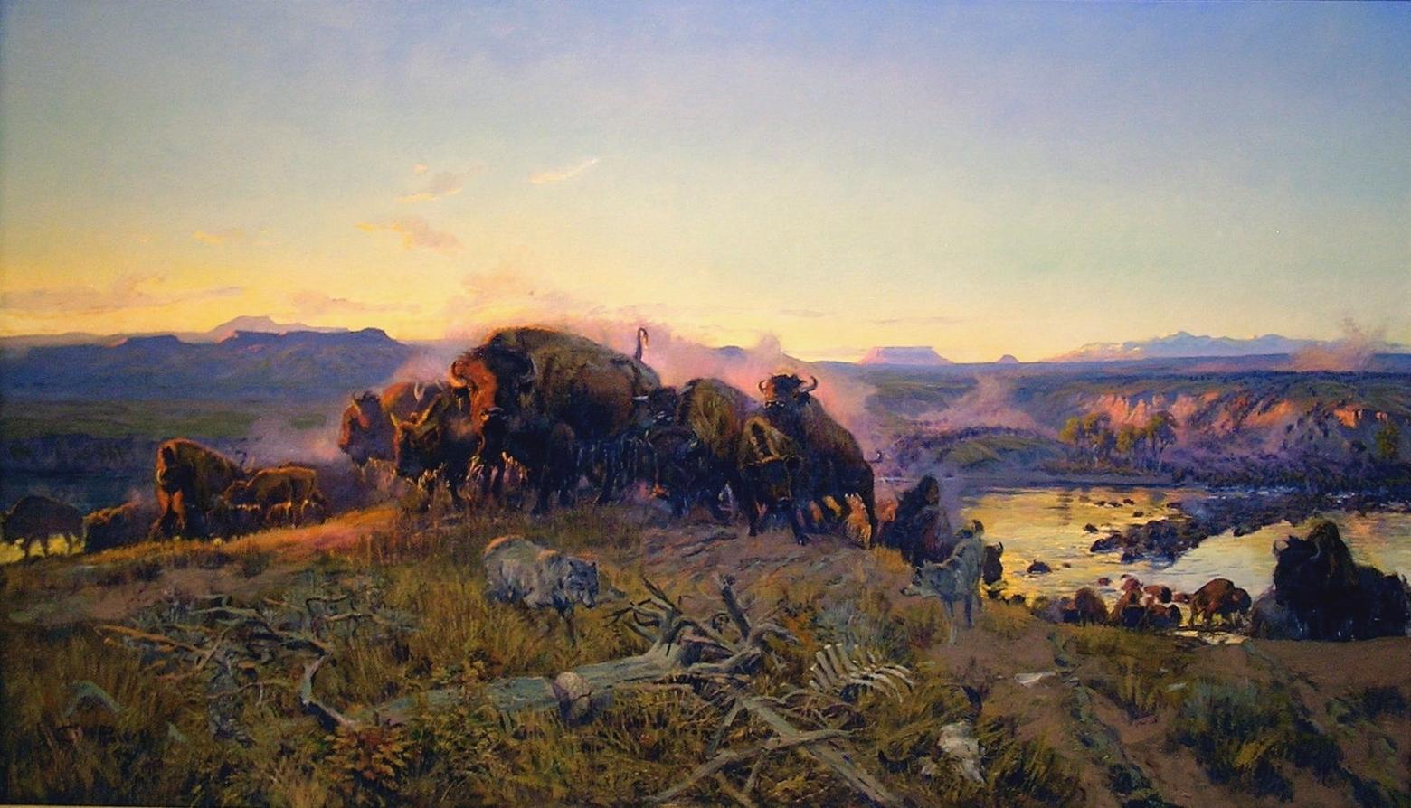 Charles M. Russell's masterpiece portrayal of bison along the Missouri River not far from where a national wildlife refuge is named in his honor and where the American Prairie Reserve is re-establishing a wild herd. Title of the painting is "When the Land Belonged to God."  See it at the Montana Historical Society.