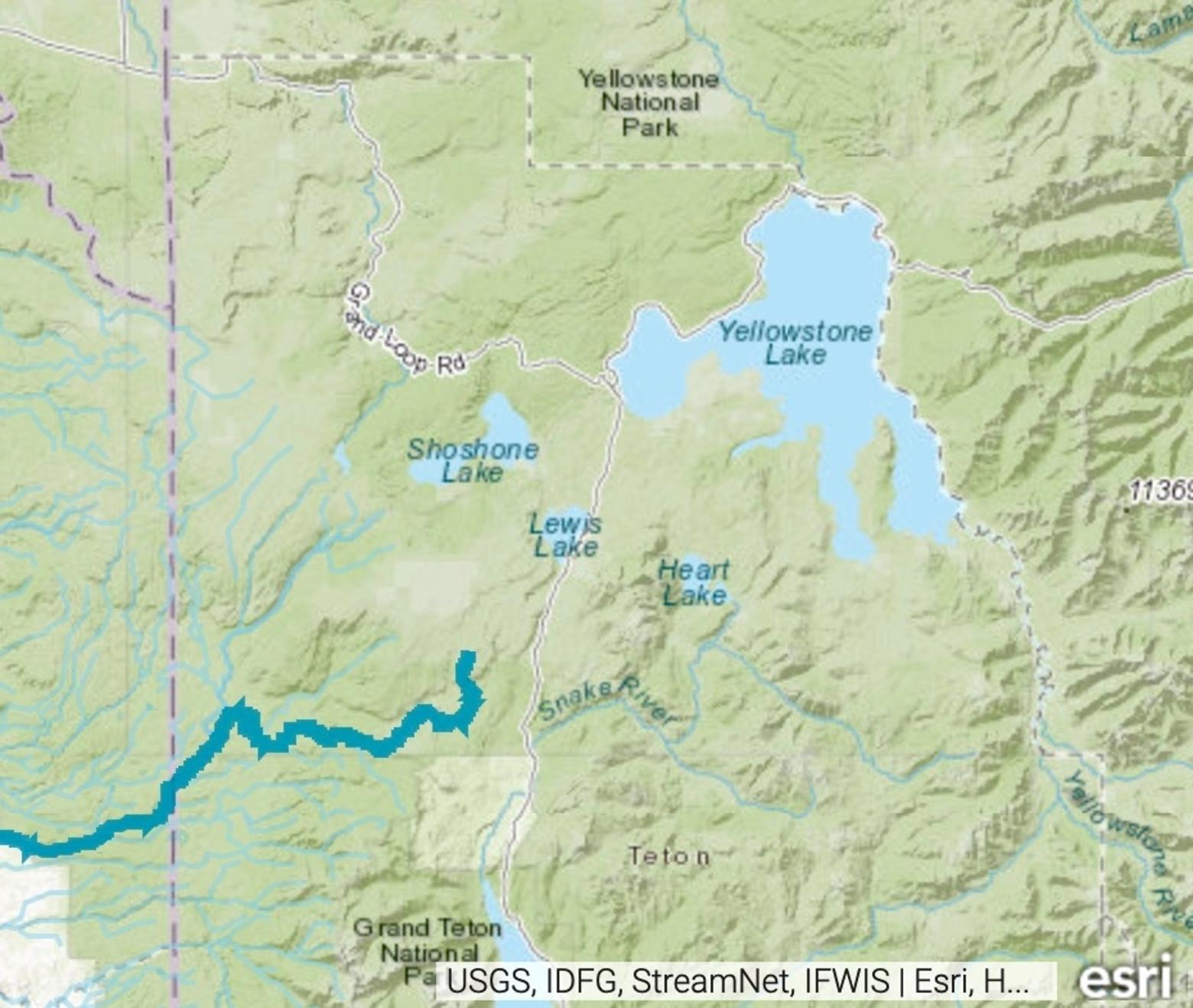 One dam would have been built at the outflow of Yellowstone Lake where the Yellowstone River recommences its journey northward; another dam would have been erected along the Fall River marked in light blue.  For the latter a proposal was advanced to pipe water from the new impoundment beneath the Continental Divide and put it into the Upper Snake River.  