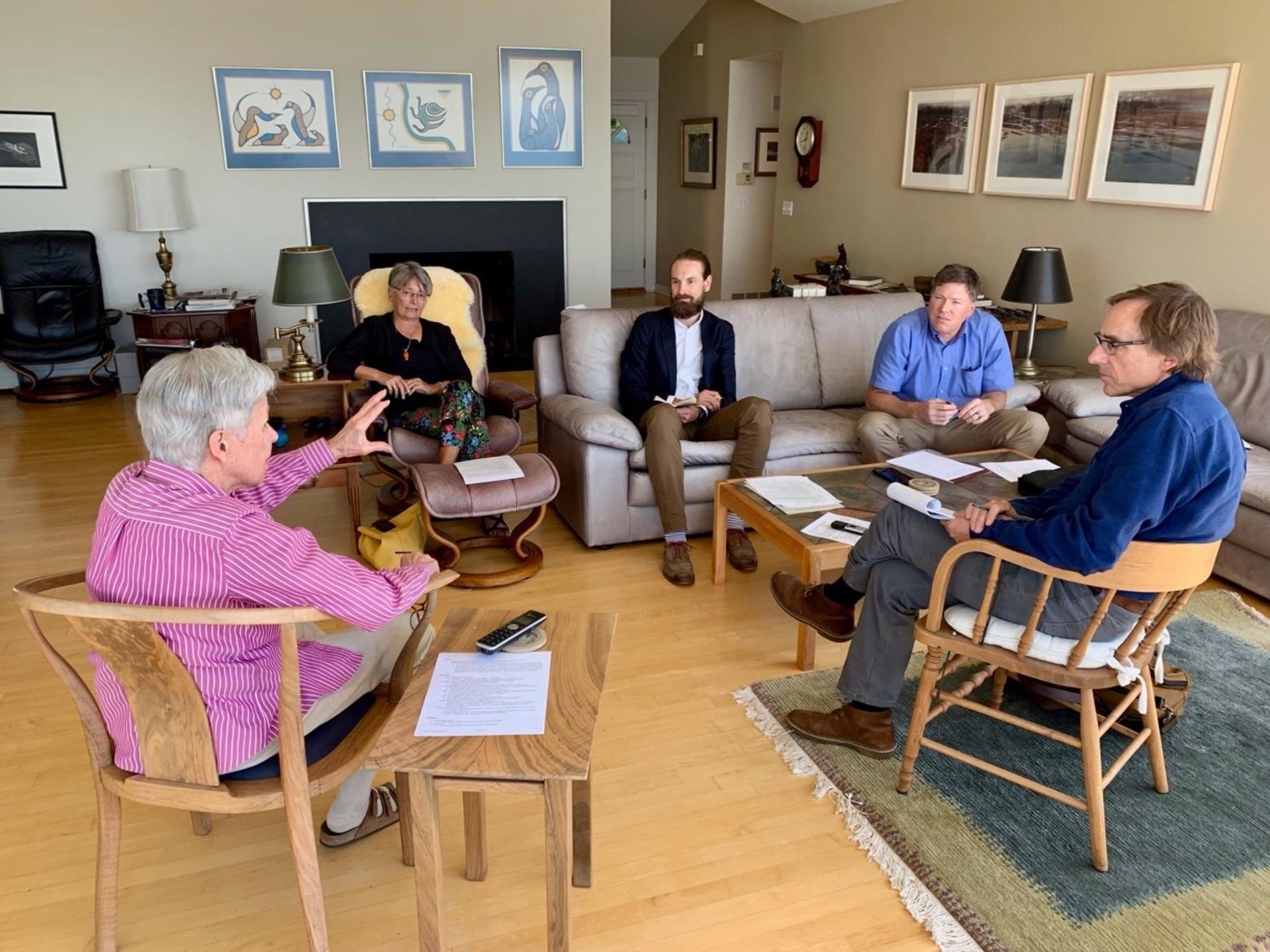 In summer 2019, Carol Doig met with a group of visitors and discussed her husband's journey in his last years. Joining them was her close friend,  Betty Mayfield, who helped assemble Doig's edited manuscripts, diaries, correspondence and other documents that today are part of the MSU Doig collection. Those joining Carol in her living are, left to right, Betty Mayfield,  Dr. Rob Patrick, Justin Shanks a post-doctoral fellow working on the Doig material to make it digitally accessible, and writer Todd Wilkinson of Mountain Journal. Photo by Kenning Arlitsch, dean of MSU Libraries