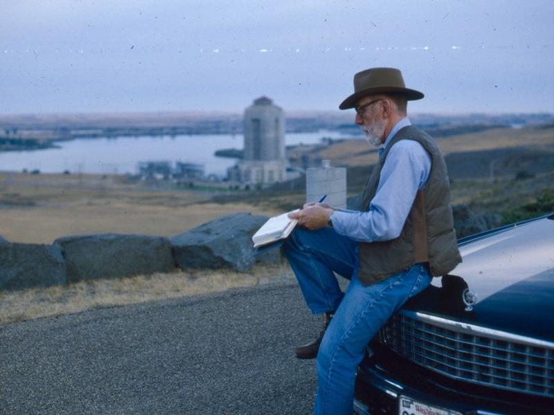 Ivan Doig taking notes at Fort Peck