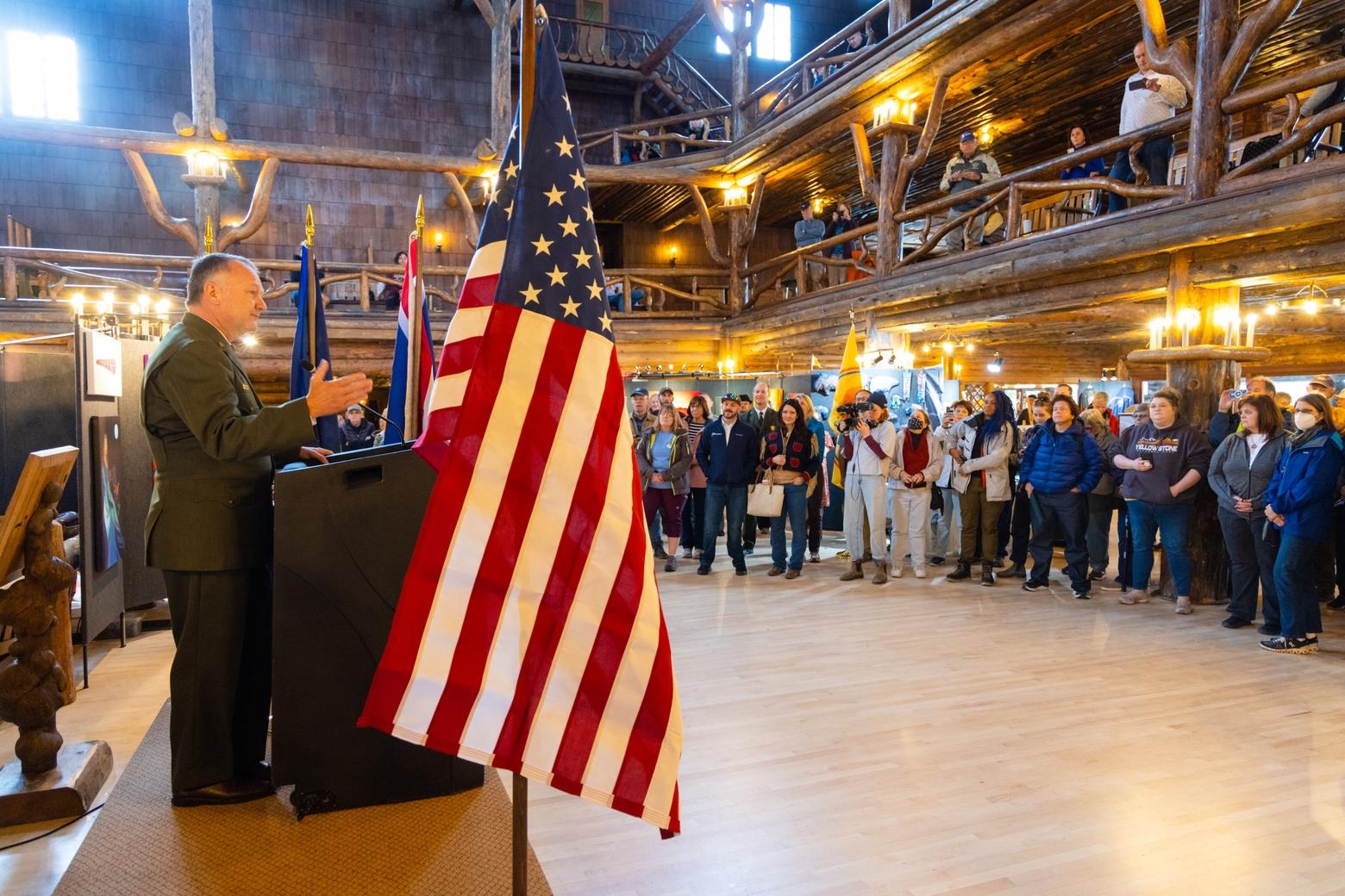  Sholly addresses the crowd at the Yellowstone National Park Lodges 150 Years of Inspiration event in May of 2022. Photo by Jacob W. Frank/NPS