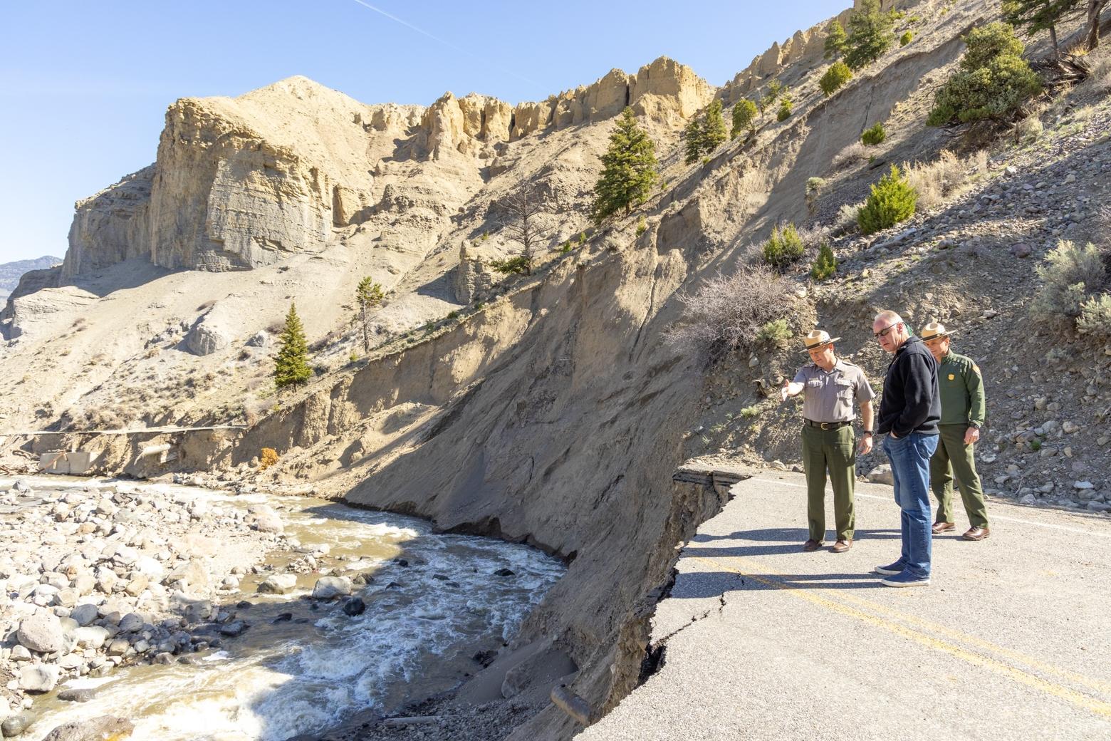 Sholly surveys the damage in Yellowstone with Congressman Ryan Zinke a year after the 2022 flooding that the National Parks Service called a "500-year flood" that cost nearly $1 billion in repairs. Photo by Jacob W. Frank