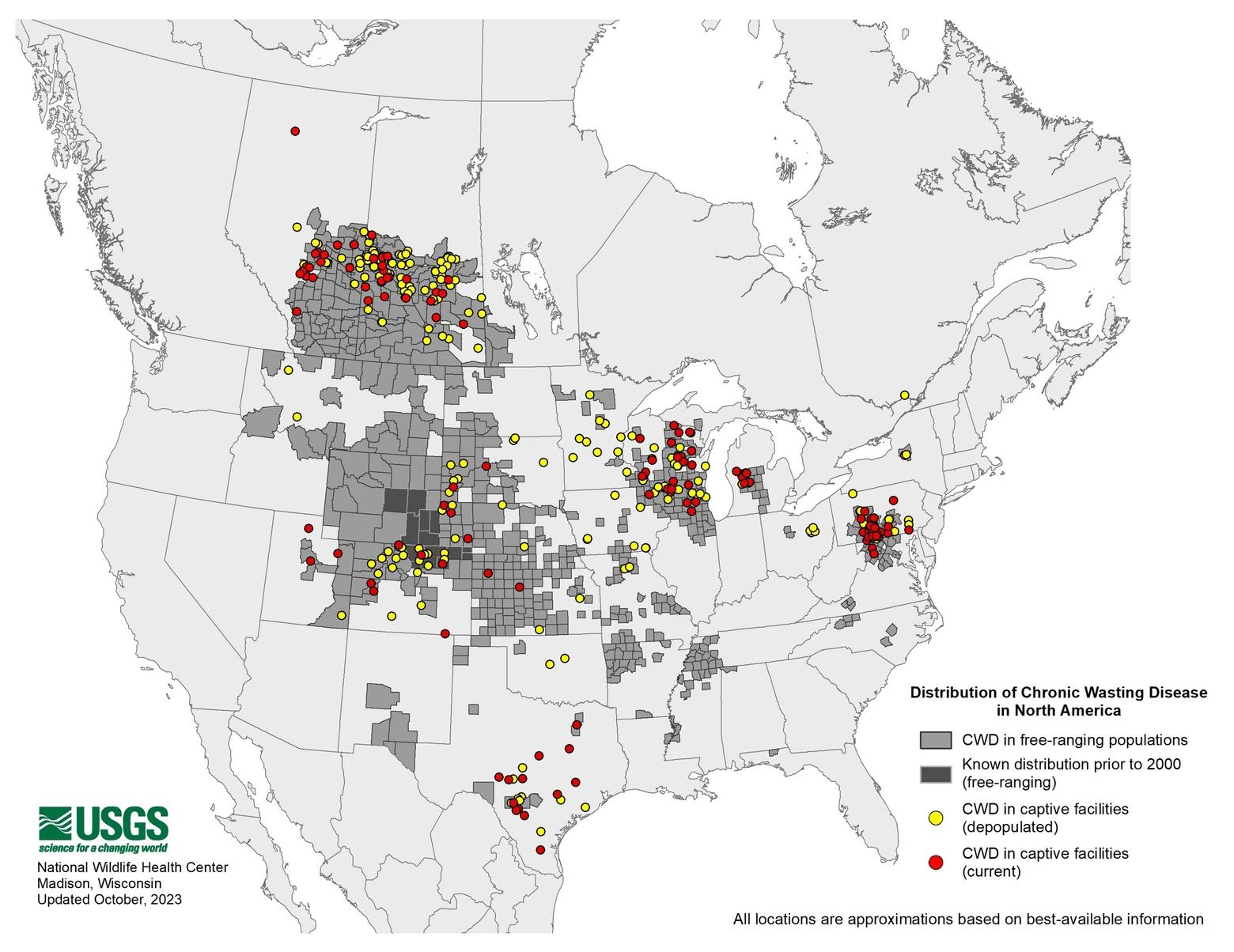 This USGS map below shows the distribution of CWD as of Oct. 15, 2023. The highly contagious fatal disease was discovered in a mule deer carcass in Yellowstone National Park on Nov. 14.
