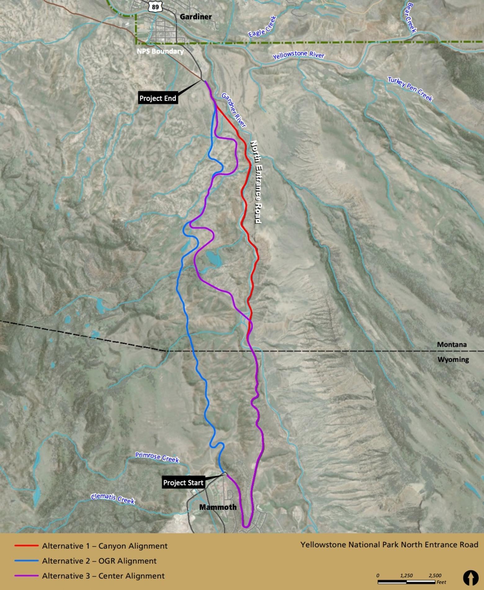 Yellowstone officials are seeking public comment on three options to provide permanent solutions to the North Entrance Road, which saw significant damage during flooding in June 2022. Map courtesy NPS