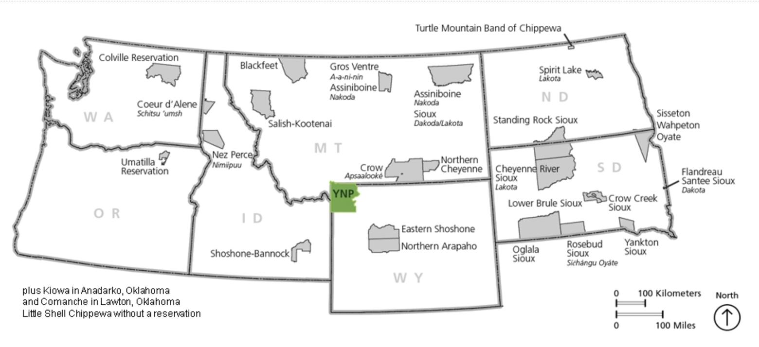The map above shows the 27 current tribes that have historic connections to the lands and resources now found within Yellowstone National Park. Map courtesy NPS