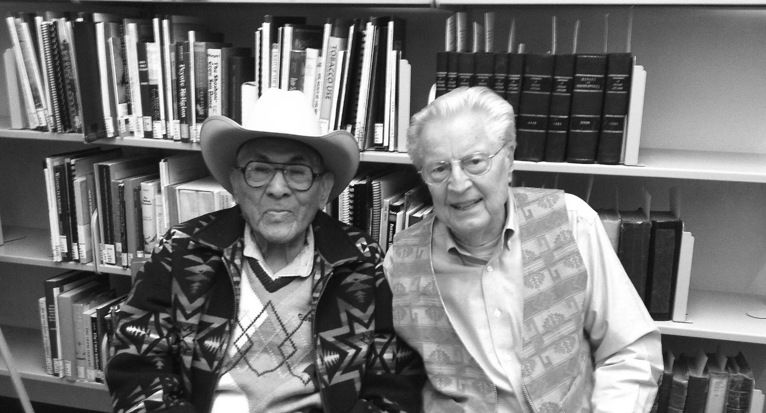 Staffanson and his friend, the late Joe Medicine Crow who was given a Presidential Medal of Freedom by Barack Obama for heroism displayed during World War II and contributions to preserving the culture of the Crow people. When this photo was taken at Crow Agency, Medicine Crow and Staffanson had 194 years of life as native westerners between them.  Photo by Todd Wilkinson