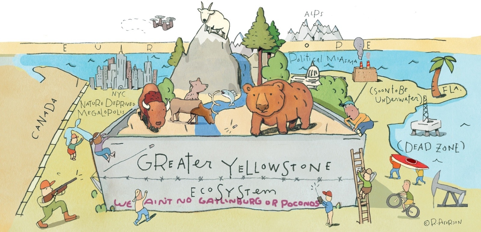 Illustrator Rick Peterson's take on the East Coast from the perspective of Greater Yellowstone.  Click on image to make it larger.