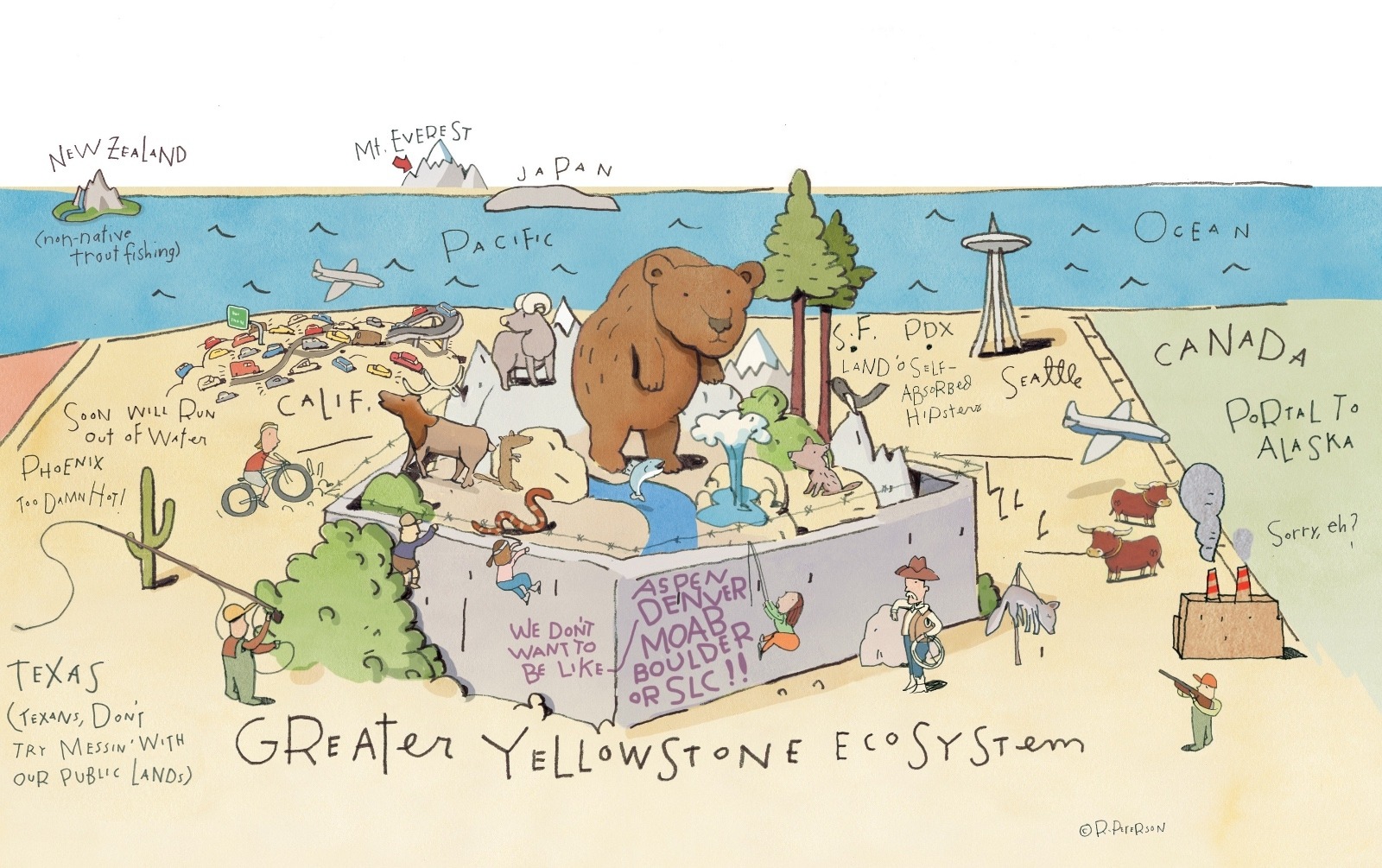 Looking westward toward the Pacific Ocean, illustrator Rick Peterson offers the view from Greater Yellowstone. Click on image to make it larger.