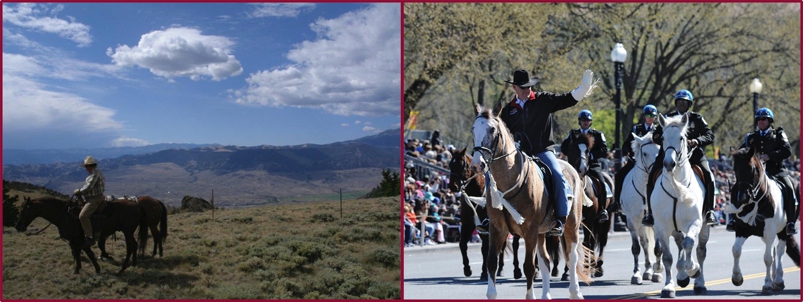 Two westerners on horseback. Who better reflects the spirit of conservationist Theodore Roosevelt? Barry Reiswig, left, is a retired civil servant, lifelong backcountry horseman, hunter and angler;  at right,  Interior Secretary Ryan Zinke, riding in the National Cherry Blossom Festival Parade in Washington, D.C.  Photo of Reiswig courtesy Wyoming Wilderness Association. Photo of Zinke courtesy of U.S. Department of Interior  (click to enlarge)