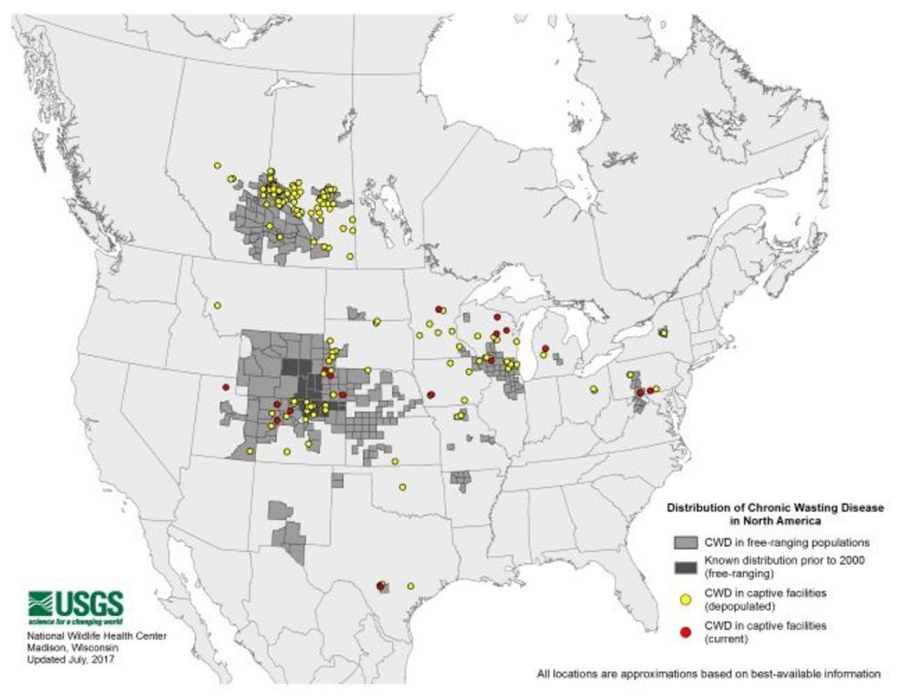 The Greater Yellowstone Ecosystem, along with Montana and Idaho, are said to be free of Chronic Wasting Disease but for how long?  Some scientists say the deadly disease is already here. Map showing the progression of CWD in the U.S. and Canada courtesy U.S. Geological Survey's National Wildlife Health Center