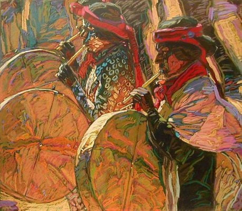 "Ancient Sounds", a pastel drawing of Tarahumara rituals, by George Carlson