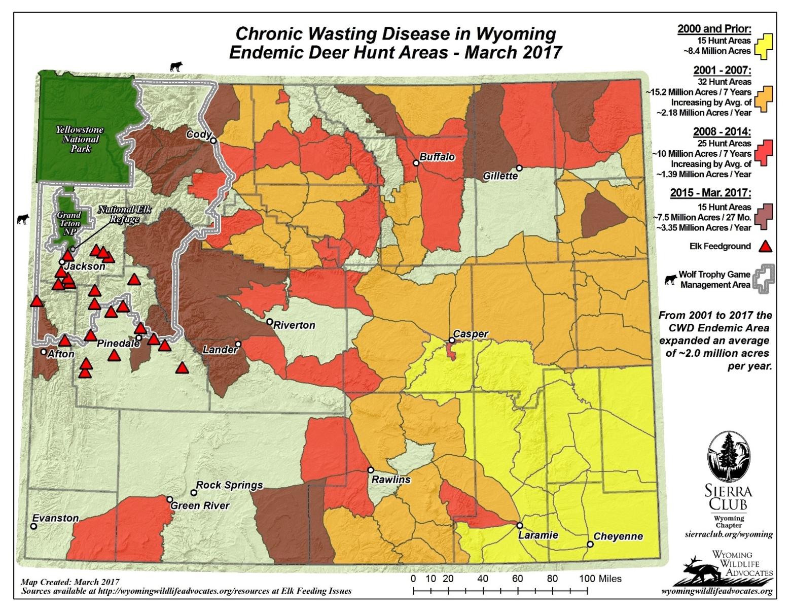CWD was first diagnosed in southeastern Wyoming (marked in yellow) and over the last three decades has expanded in deer herds.  The disease is now bearing down on the Greater Yellowstone Ecosystem in the northwest corner of the state and  pressing up against the states of both Montana and Idaho.  The location of Wyoming's 22 elk feedgrounds are marked by red triangles.  The National Elk Refuge is located just south of Yellowstone National Park and east of Grand Teton National Park. Map courtesy Wyoming Chapter of the Sierra Club and Wyoming Wildlife Advocates