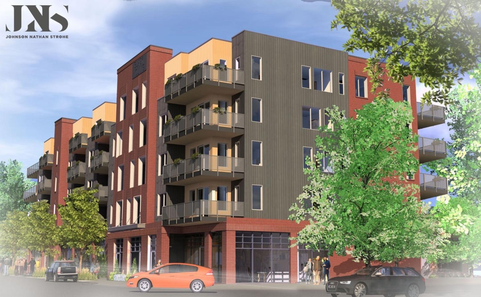 Requiem for Bozeman's historic districts? Andy Holloran's newly-approved Black and Olive development. The terraces in the back, at right, tower two stories over a historic house.  Says Crawford: note how parking is portrayed in this schematic rendering versus what the reality will be. 