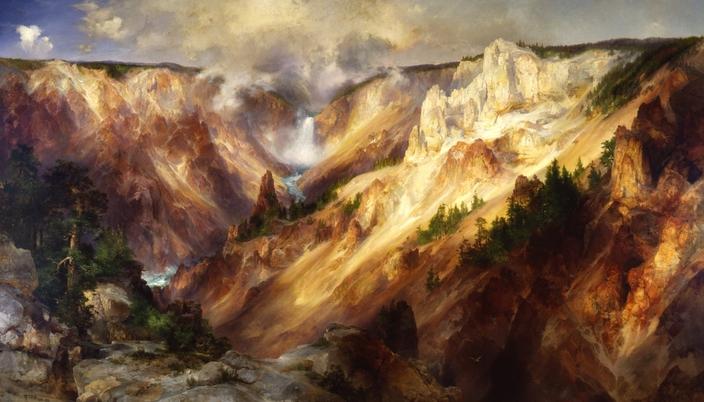 One of Thomas Moran's paintings of the Grand Canyon of the Yellowstone, visions that were instrumental in convincing Congress to create Yellowstone as the first national park in the world.. Click on painting to make larger.
