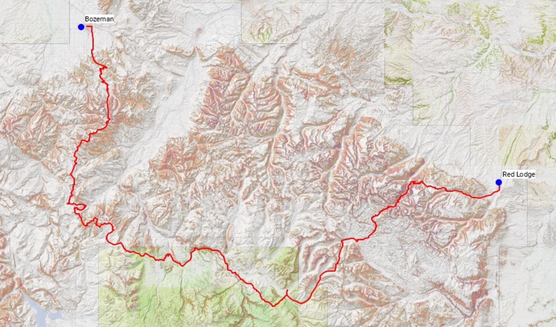 The route that Dave Laufenberg, Anthony Pavkovich and  Zach Altman took in trail running 236 miles from Bozeman, Montana to Red Lodge.  Map courtesy CommonGroundMT