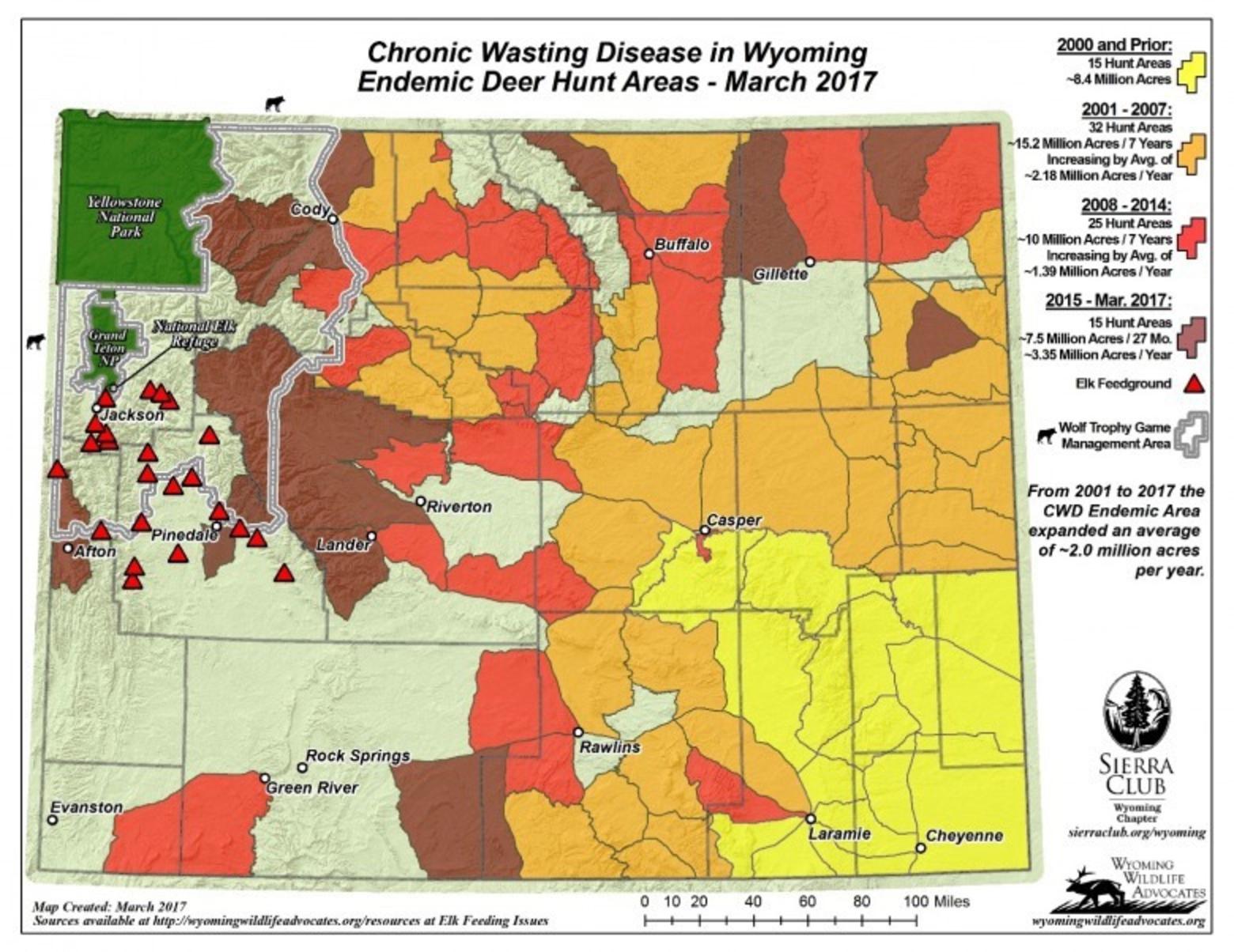 Foreshadowing the spread across Montana? CWD was first diagnosed in southeastern Wyoming (marked in yellow) and over the last three decades has expanded in deer herds. The disease, in November 2017, was diagnosed for the first time ever in Montana wildlife just north of the state border with Wyoming and is now racing toward the heart of the Greater Yellowstone Ecosystem. Imagine this map flipped sideways to indicate a possible progression northward into Montana. “I see no reason not to believe that CWD will not advance through Montana as quickly it has through Wyoming,” says Lloyd Dorsey, hunter and conservation director for the Wyoming state chapter of the Sierra Club.