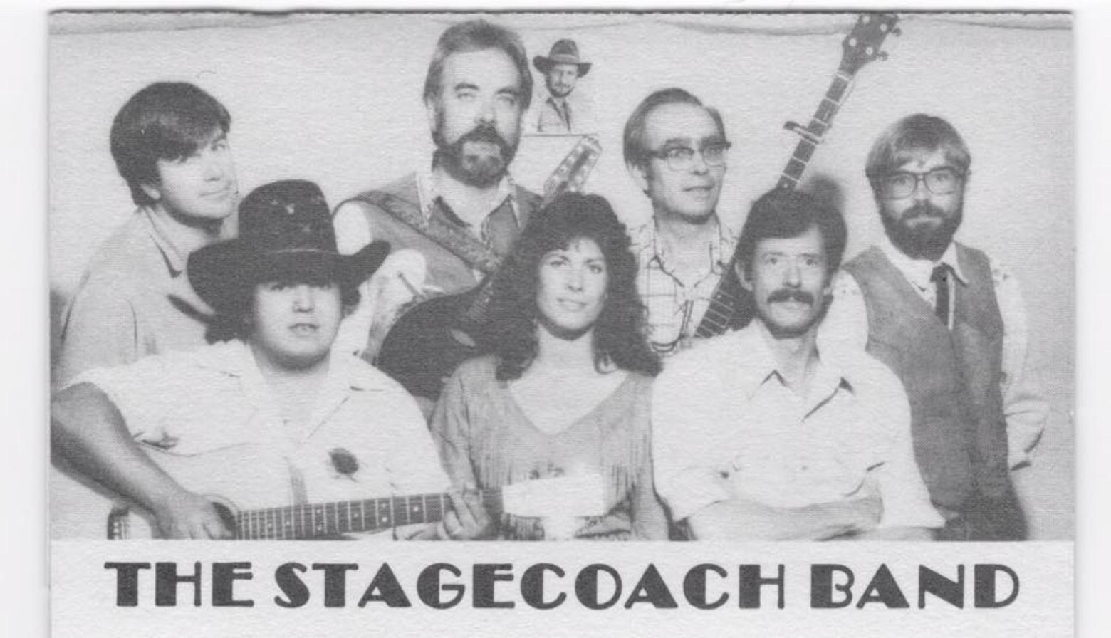 Among the many bands Swift joined over the years was the legendary Stagecoach Band of Wilson, Wyoming. Left to right:  David J. Swift, John Sidle, Brent Moyer, Christine Langdon, Bill Briggs, John Byrne Cooke, and Buddy Thompson. Photo courtesy Christine Langdon 