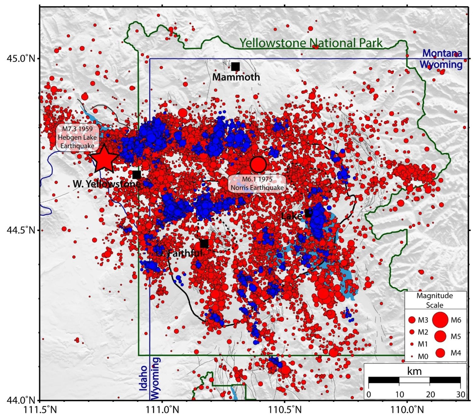 Map of Yellowstone earthquakes as located by the University of Utah Seismograph Stations from 1973 – 2017. Red circles are all quakes, and blue circles are earthquakes that were part of swarms. Courtesy USGS