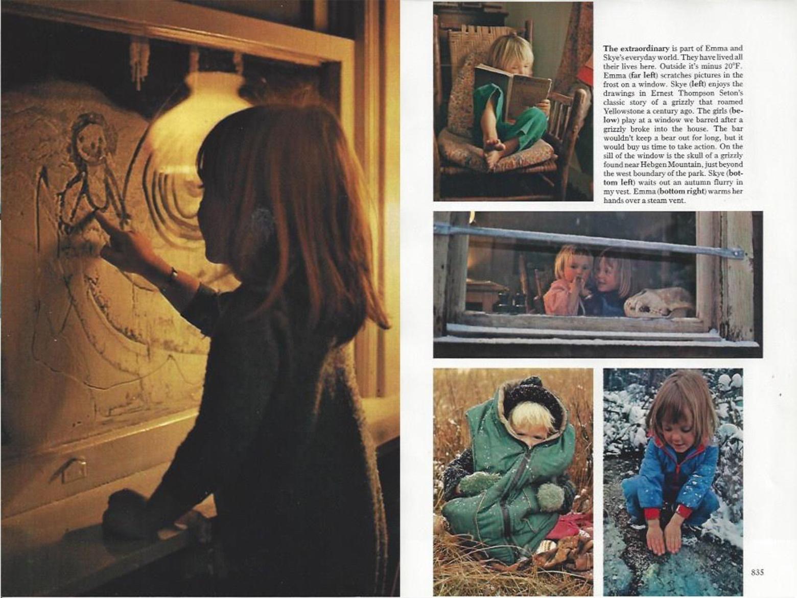 Steve and Angela Fuller raised and homeschooled their daughters, Emma and Skye, at Canyon. It was a matchless education and a life that will forever be imprinted upon their identity. Here, at left, Emma uses a frost-covered window as a drawing board and, at right, reminders of their growing years. This spread appeared in National Geographic. All photos by Steven Fuller