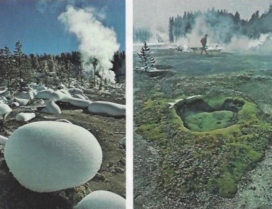 These photos appeared as part of Fuller's photo illustration for National Geographic. The image on the left features "snow pillows"; on the right is a walk through the Shoshone Geyser Basin while on a winter backcountry ski trip.