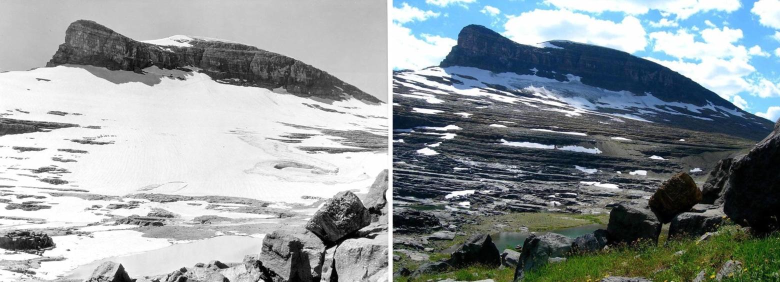 The retreat and steady disappearance of Boulder Glacier in Glacier National Park from 1932 to 2005.  Courtesy Greg Pederson/USGS