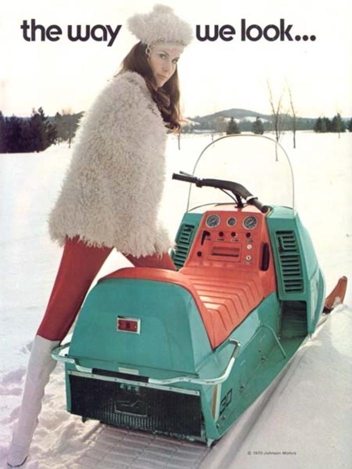 In the early years of snowmobile development, when machines were notoriously unreliable, manufacturers unveiled all kinds of advertising to make their products look fashionable, as with this ad by Johnson. It's one that Steven Fuller kept, reminding him how far technology has come.