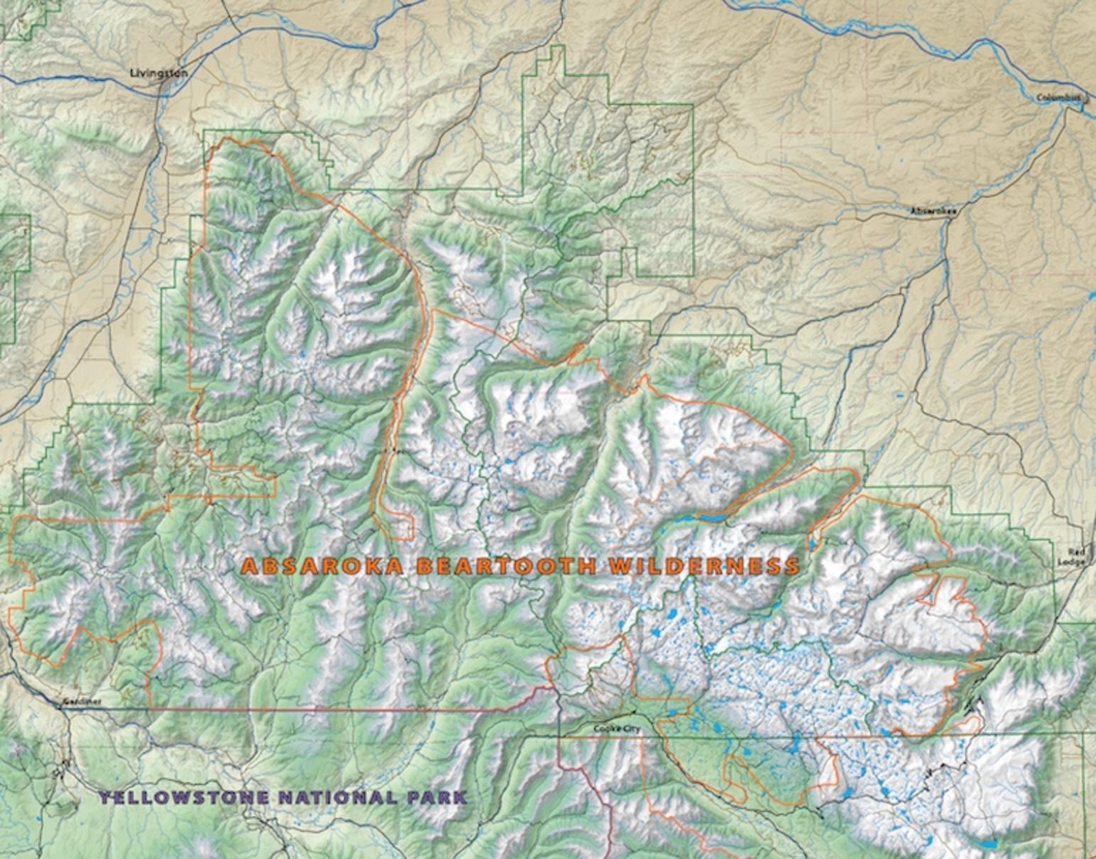 The Absaroka-Beartooth Wilderness is not only important habitat for wildlife and popular among recreationists, it helps protect the wild character of Yellowstone National Park. Many say the same kind of courage and vision that went into creating the A-B needs to be applied to the wild crest of the Gallatin Mountains, whose ecological values are equally as important.  Map courtesy Beartooth Publishing (www.beartoothpublishing.com)
