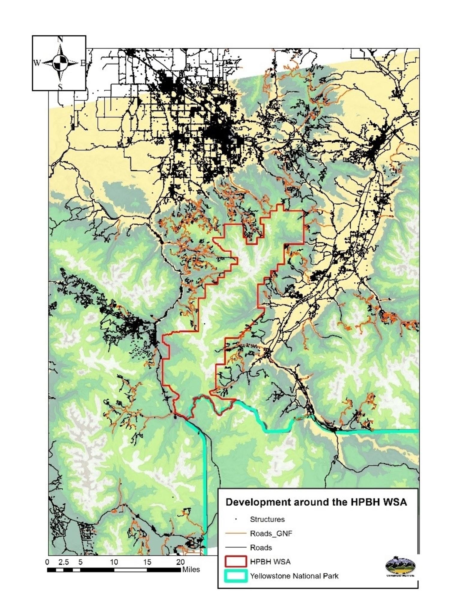 The crest of the Gallatin mountains are located within the red outline in the center.  You can see the boundary of Yellowstone demarcated by green line. In yellow, to the northwest and directly east, are Bozeman/Gallatin Valley and Paradise Valley—development from from areas steadily pinching in upon the wild character that remains.  