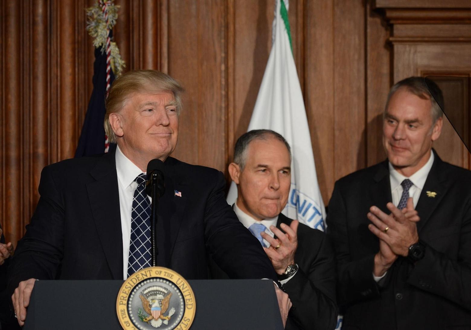 President Donald Trump and two of his main embattled cabinet secretaries who wield huge sway over U.S environmental policy and America's public lands, EPA Administrator Scott Pruitt and Interior Secretary Ryan Zinke. Photo courtesy US Interior Department