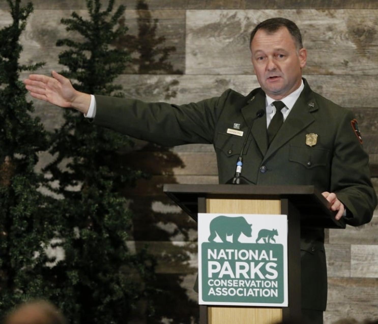 Cameron Sholly talks about leadership at the National Park Service before a gathering sponsored by the National Parks Conservation Association. Photo courtesy Eric MIller