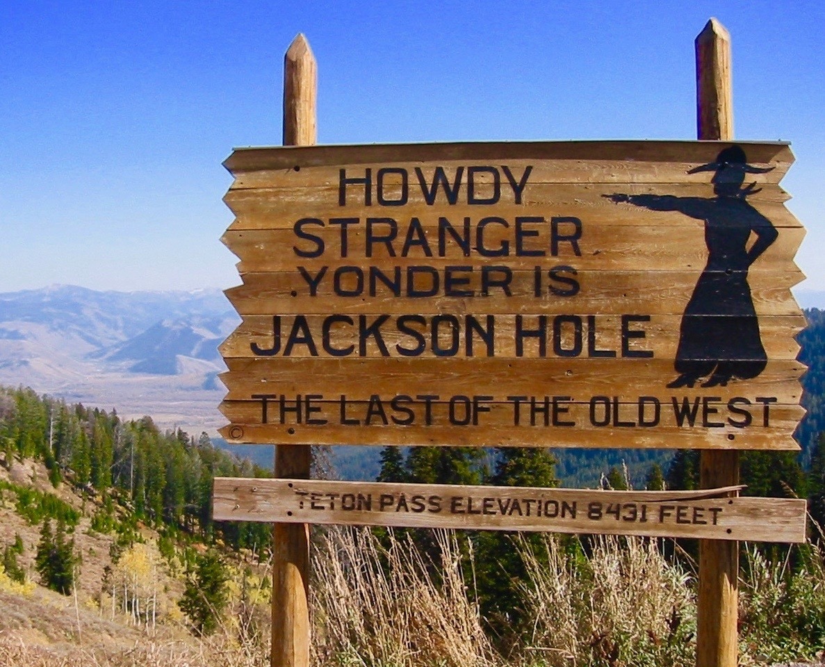 The sign on Teton Pass marking the descent into Jackson Hole. Once upon a time spectucular scenery and wildlife-watching opportunities found in few other places in the world provided all the adrenaline a person needed.