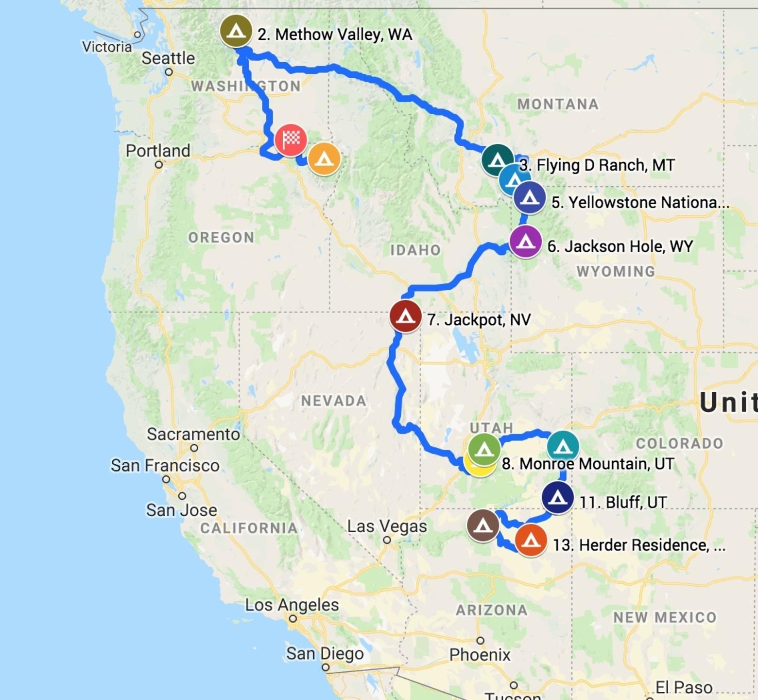 The route of Whitman College's Semester in the West in autumn 2018.