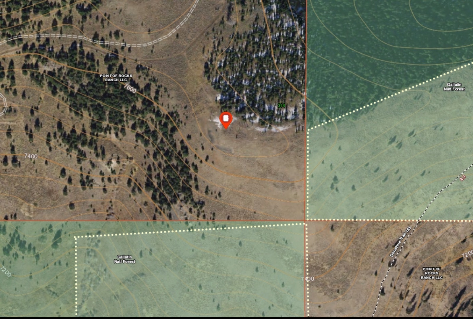 "The areas inside of the dotted lines (along a 2.8-milesection of strenuous uphill trail) are the only public land tracts that could even possibly provide that vantage point," Bongofsky says. "The red pin marks the end of a fourwheeler spur trail off of Point of Rocks Ranch. The Google Earth view lines up perfectly with the photo from Rosendale's Tweet. Note that the public trail is more than 300 feet of elevation lower. 