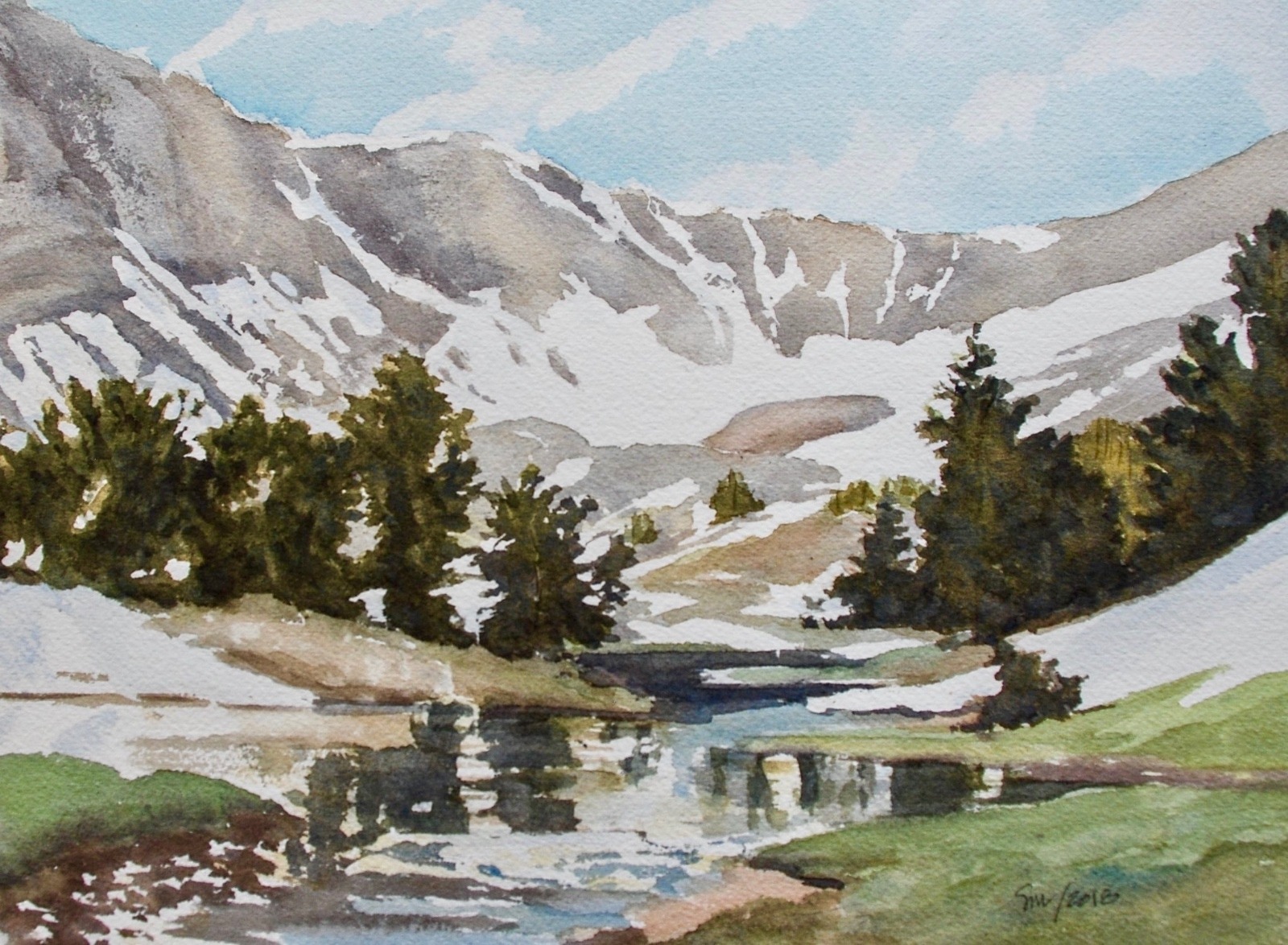 Besides being a talented writer and retired Forest Service ranger/naturalist, MoJo columnist Susan Marsh is a painter.  Recently, she's been portraying scences from the Wyoming and Salt River ranges in the southern half of the Greater Yellowstone Ecosystem where the headwaters of the Green-Colorado and Snake-Columbia watersheds originate as rain and snowmelt. 