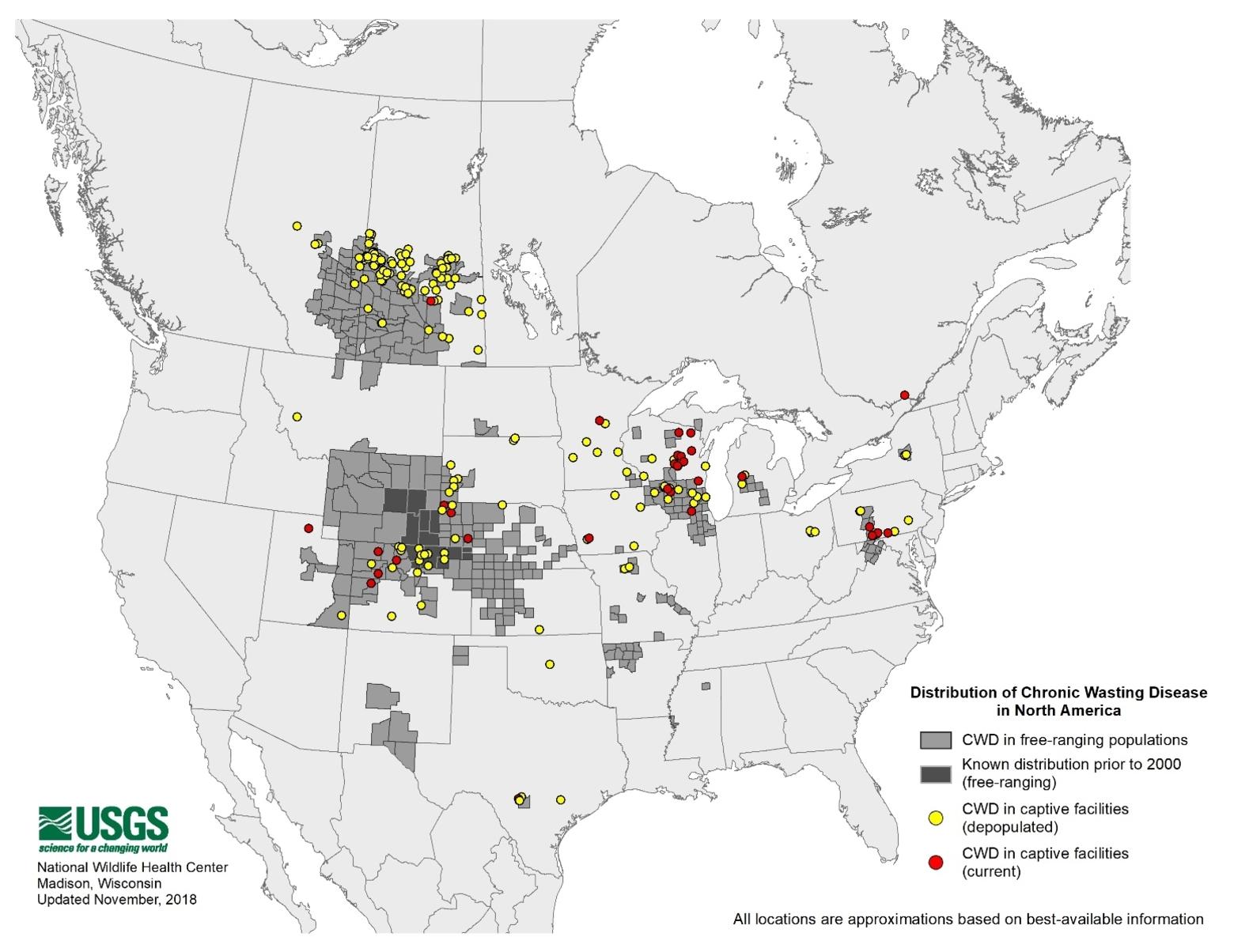 A map of dubious distinction. Already, disease officials with the USGS monitoring the progression of CWD across America, have added Teton County, Wyoming to geography where the disease is endemic.  Teton County encompasses not only Jackson Hole, Grand Teton Park and the National Elk Refuge but southern portions of Yellowstone.