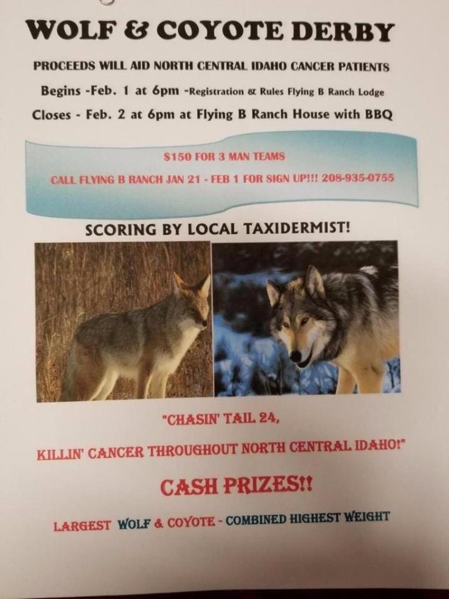 Flier for an upcoming predator-killing derby in Salmon, Idaho that is being touted as a fundraiser for cancer victims.