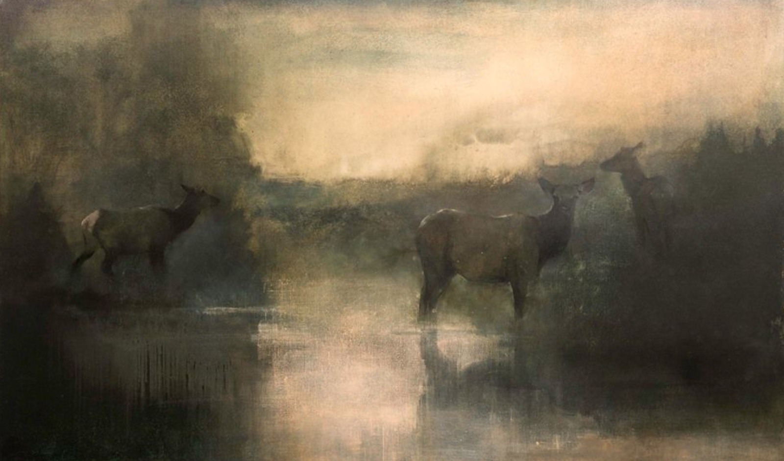 &quot;Three Matriarchs&quot; by Kathryn Turner. Turner, whose family runs a historic dude ranch in Jackson Hole, has grown up with nature exerting a mighty influence.  She is among a group of painters who are giving American wildlife art a new visual vocabulary.  Often, wildlife paintings feature male animals; this work celebrates female elk who hold the herd together.  For more information about Turner and her work, go to turnerfineart.com
