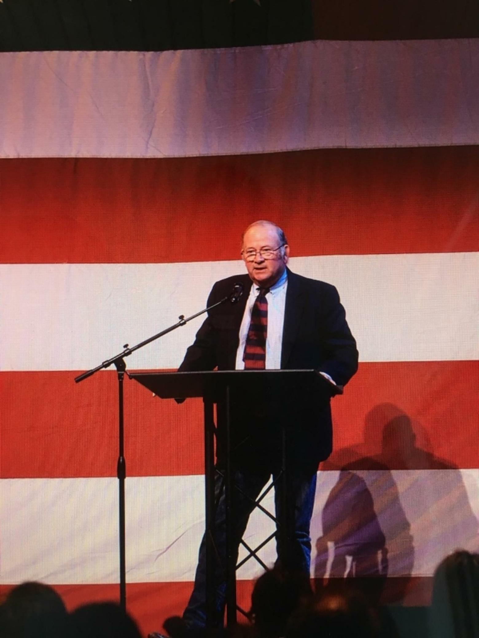 When he took off his cowboy duds, he could evince the look of a corporate executive. Bob Fanning, in his business attire, giving a speech after he briefly entered the Republican primary hoping to win a U.S. Senate seat to represent Montana. He withdrew from the race. Photo appeared on Facebook.