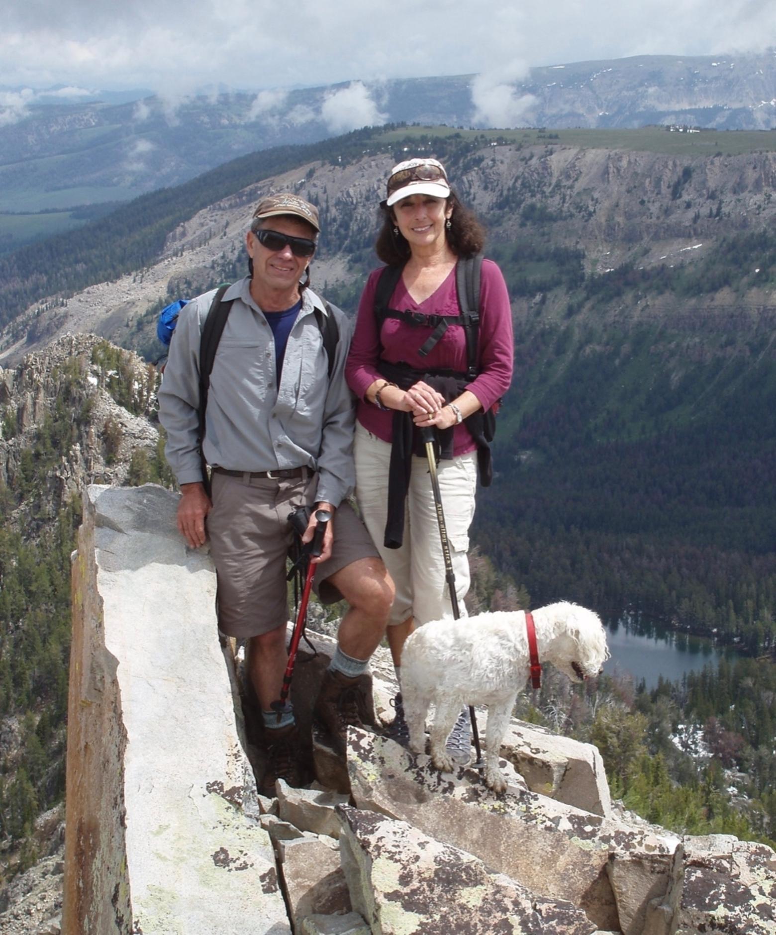 Writer-conservationists Earle and Pattie Layser in the high country along with their trusty canine friend, Benji.