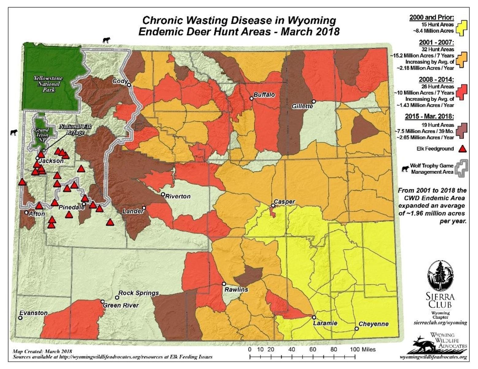 For years, the Sierra Club and Wyoming Wildlife Advocates have been tracking the march of Chronic Wasting Disease, based on state data, from its original hotspot in the southeastern corner of the state (marked in yellow) toward the Greater Yellowstone Ecosystem. Yellowstone National Park is marked in green.  In recent years the spread has accelerated and the brown coloration shows how CWD is now present in deer in Jackson Hole and literally on Yellowstone Park's eastern doorstep. Many experts believe that its confirmation in elk is imminent and could be game changing for the health of the region's famous wapiti herds.