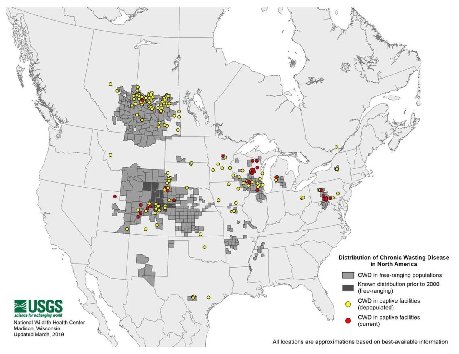 Map compiled by USGS showing states where CWD exists in wildlife and captive game farm animals, including Alberta and Saskatchewan in Canada.