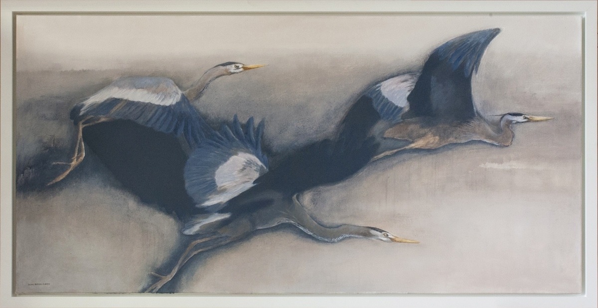 &quot;Flight of the Giant Blue&quot; by Kim Donaldson. Donaldson is one of the most dynamic multi-media nature artists in the world. This portrayal of migrating Great Blue Herons demonstrates his sophisticated grasp of color and design. For more information go to https://www.nativevisions.com/artists/kim-donaldson